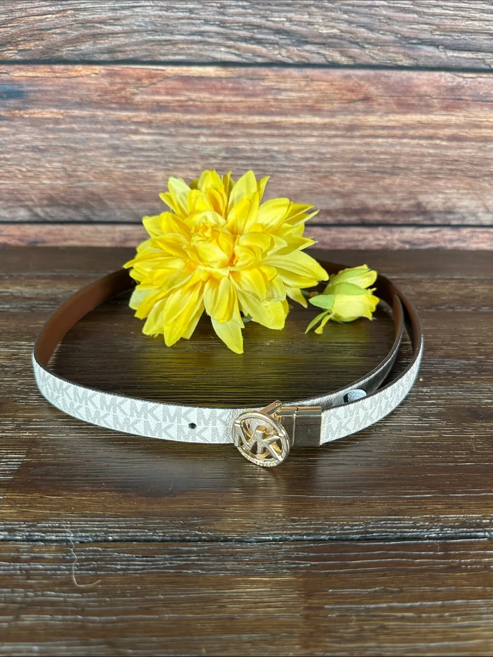 Michael Kors White Logo Slim Reversible Belt with Gold MK Buckle